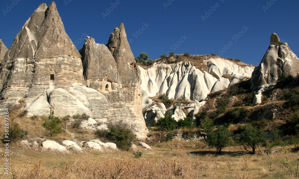 Landscape with the amazing mountains with caves inside and snow-white rocks in the background in Zemi Valley near Goreme in Cappadocia, Turkey	