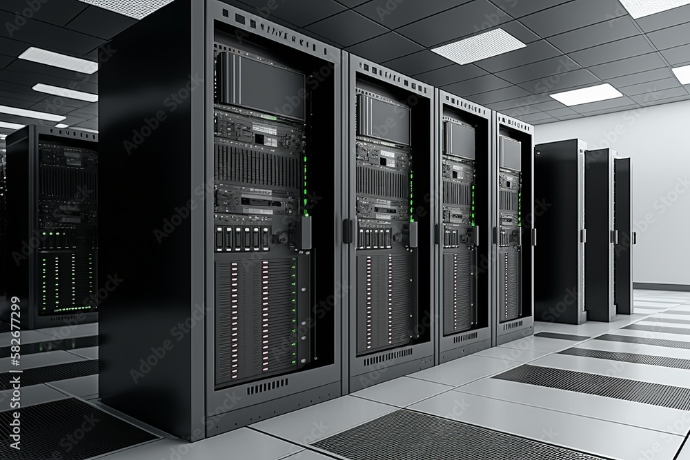 Modern Data Center Server Room with Rows of Server Racks Modern Data Center Server Room with Rows of Server Racks