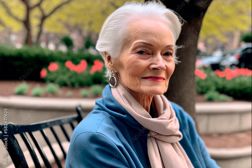 Retired senior woman, sitting in the park. generate by ai Retired senior woman, sitting in the park. generate by ai