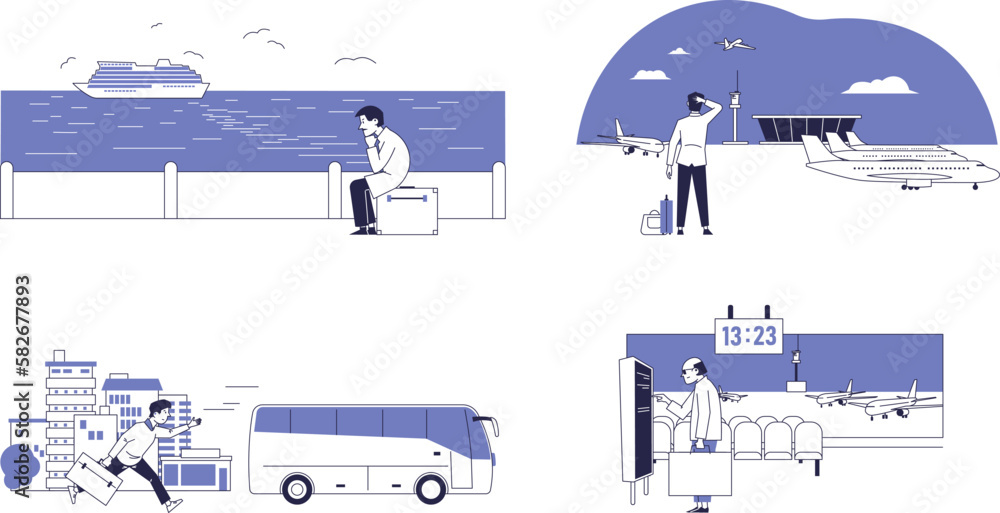 People late for transport. Vector scenes with passengers characters.