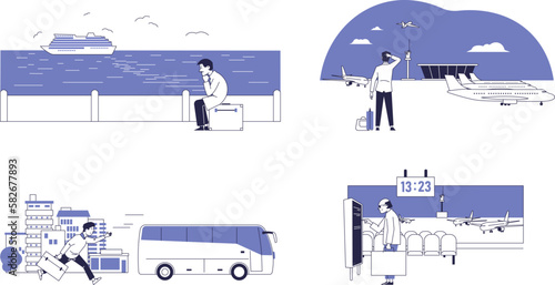 People late for transport. Vector scenes with passengers characters.