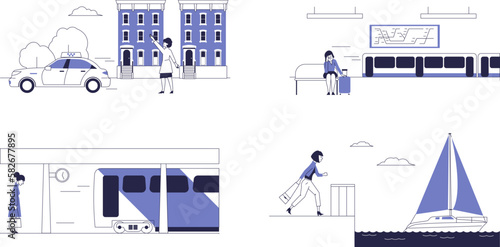Women late for transport. Set of vector scenes.