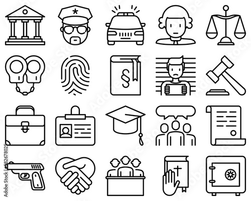 Fotografia Law and justice thin line icons set: judge, policeman, lawyer, fingerprint, jury, agreement, witness, scales