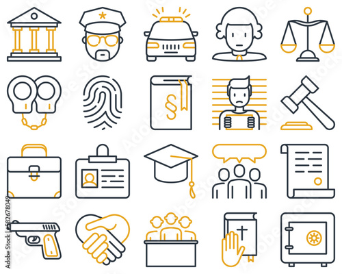 Law and justice thin line icons set: judge, policeman, lawyer, fingerprint, jury, agreement, witness, scales. Vector illustration.