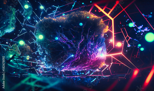 A complex network of interlocking lines and grids, suggesting a technological web of connections