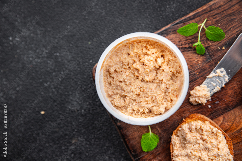 crab rillettes smorrebrod sandwich seafood aperitif food healthy meal food snack on the table copy space food background rustic top view crab rillettes smorrebrod sandwich seafood aperitif food healthy meal food snack on the table copy space food background rustic top view