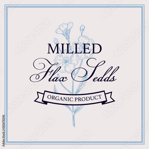 Flax logo template with hand drawn element. Vector illustration in sketch style. Design for linen products, seed, oil, packaging