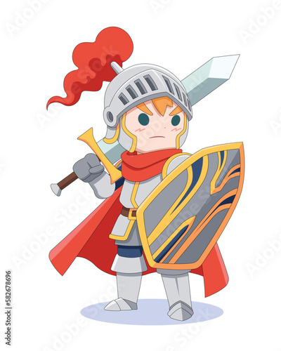 Cute style fairytales fantasy knight character with sword and shield cartoon illustration