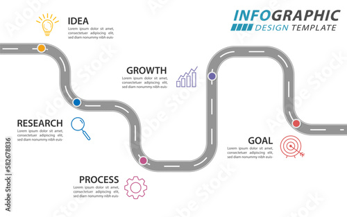 Infographic design template. Timeline concept with 5 options or steps template. Roadmap diagram with planning topics, annual, report, presentation. layout, Vector illustration.
