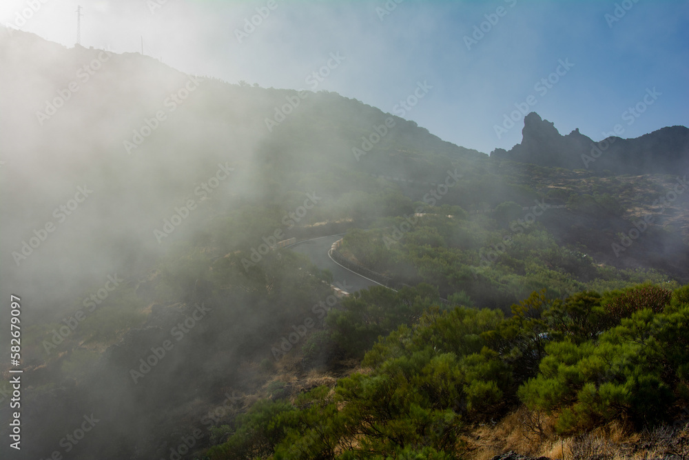 Fog in the mountains with road on Tenerife in Spain