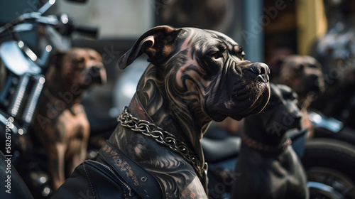 A powerful image of a tattooed leader dog dressed in a biker leather jacket with its pack  guarding their clubhouse. Embodying strength  loyalty  and fearlessness. 