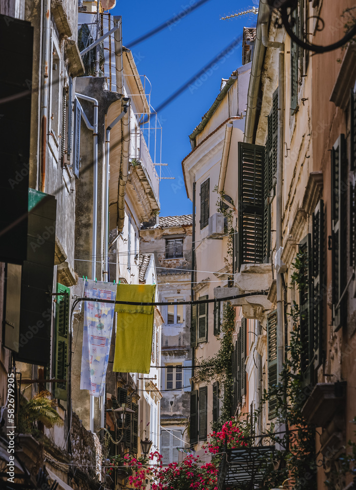 Narrow alley in historic part of Corfu city, Greece