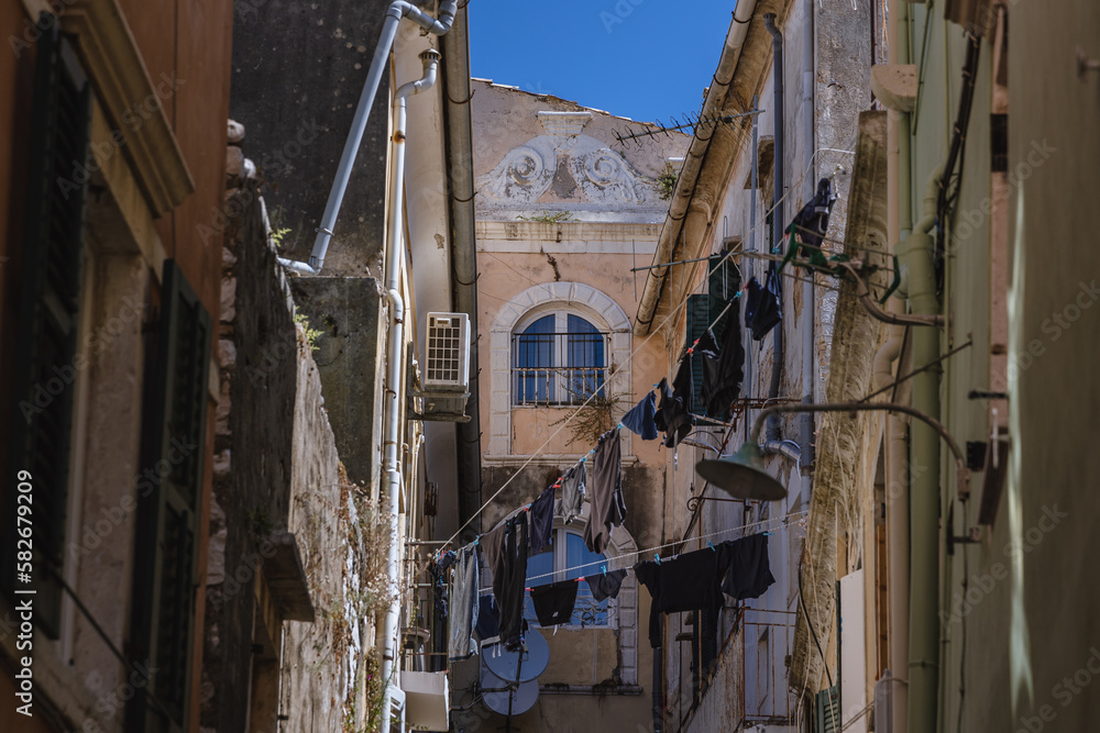 Alley in hstoric part of Corfu town on Corfu Island in Greece