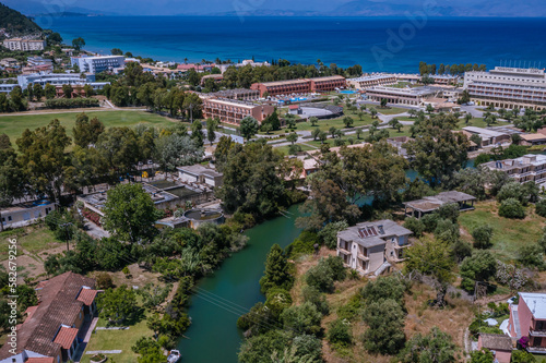 Aerial view of canal separating Moraitika and Messonghi villages on a Corfu Island, Greece