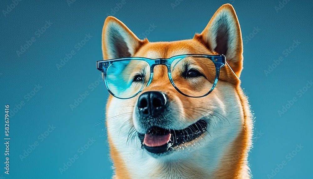  Shiba inu dog in glasses, isolate on trendy blue background. by ai generative