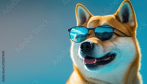  Shiba inu dog in glasses, isolate on trendy blue background. by ai generative photo