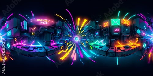 фотографія Photo of a futuristic cityscape with neon lights and a prominent clock