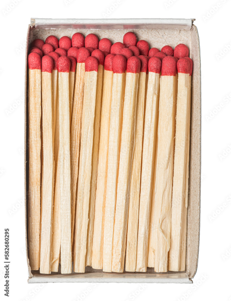 Top view close-up of wooden matchsticks in a cardboard matchbox isolated on white or transparent background