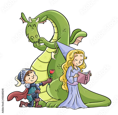 Funny scene of knight, princess and dragon of Sant Jordi photo