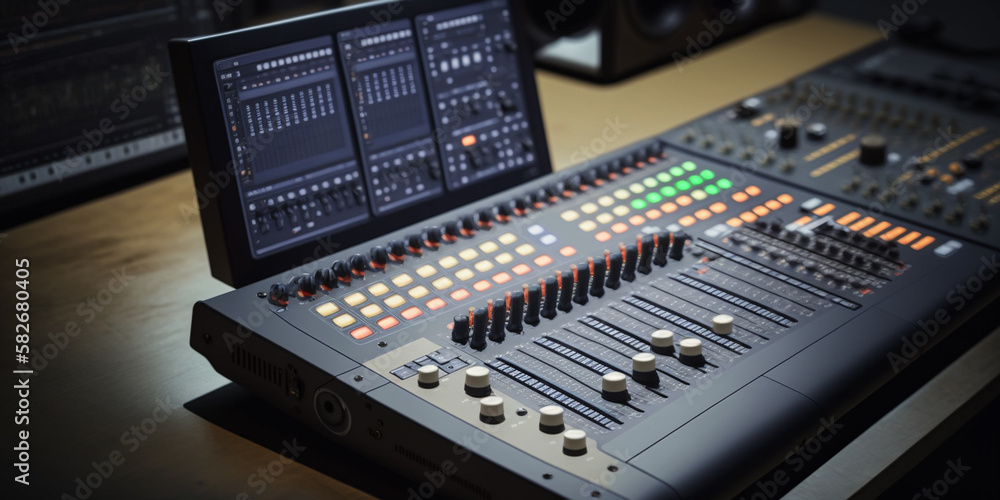 Studio Music Station set up , Professional audio mixing console equipment for sound mixer control, electornic device. Generative AI Studio Music Station set up , Professional audio mixing console equipment for sound mixer control, electornic device. Generative AI