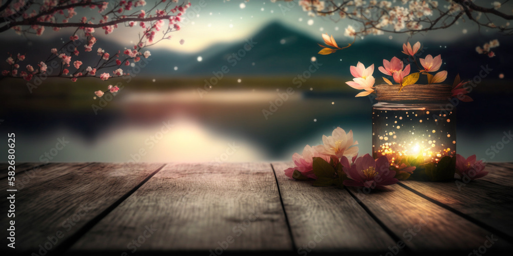 Spring Time - blossoms On Wooden Table In lake on mountain With Bokeh Lights And Flare Effect. no blur. copy space Generative AI