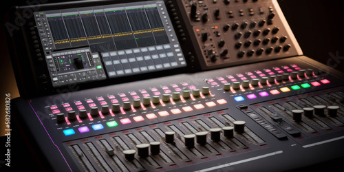 Studio Music Station set up , Professional audio mixing console equipment for sound mixer control, electornic device. Generative AI © bahadirbermekphoto