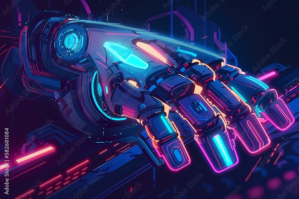 A futuristic robotic arm with neon lights. digital art illustration. generative AI.