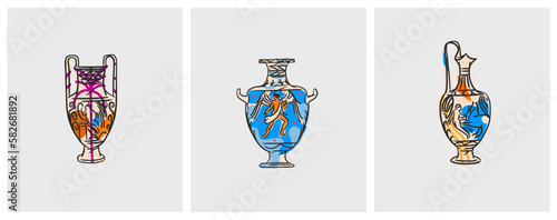 Hand drawn vector abstract outline,graphic,contemporary art greek ancient sculpture old vase line modern drawing set.Antique classic ancient vase in trendy style,outline design concept.Vase art set.