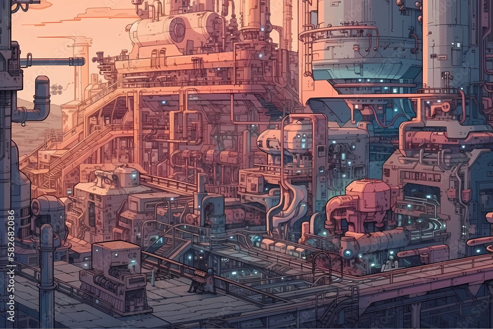 factory with with complex machinery. digital art illustration. generative AI.