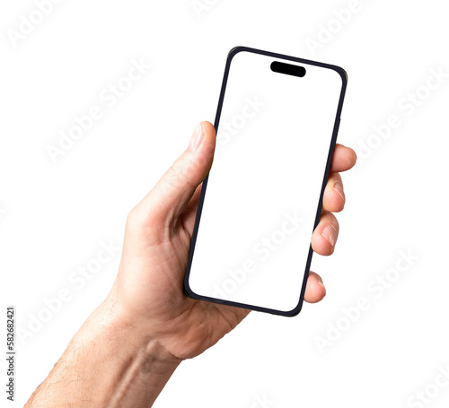 Lodz, Poland March 07 2023 Mobile phone screen mockup in male hand. Smartphone display mock-up isolated on white background