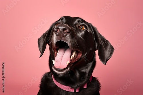 A black labrador yawns against a pink background. Generative AI © AkuAku