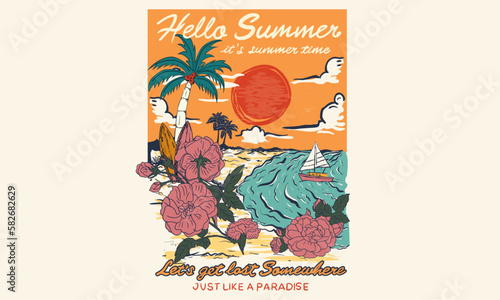 Summer beach vibes graphic print design for t shirt print, poster, sticker, background and other uses. Sumer flower artwork. Hello summer artwork.