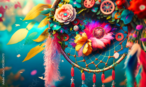 A relaxed and bohemian design with feathers, flowers, and dream catchers