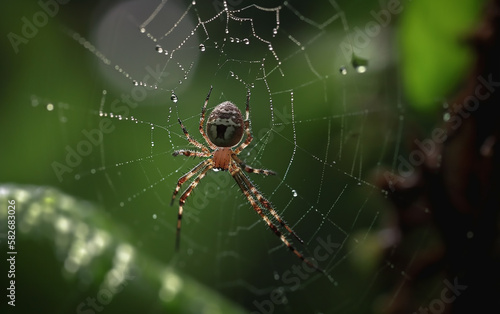 Spider positioned in the heart of its intricate web, with lush green leaves serving as the backdrop.