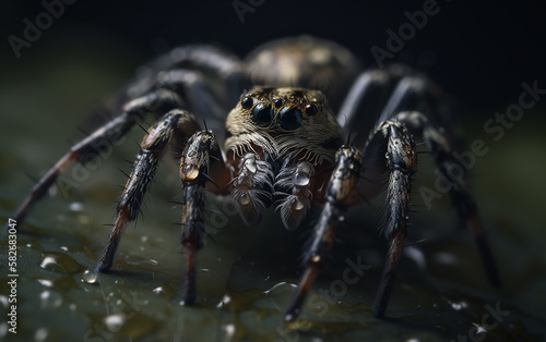 Close-up view of a spider on a wet surface, emphasizing its multiple eyes and the water droplets on its legs and surrounding area.