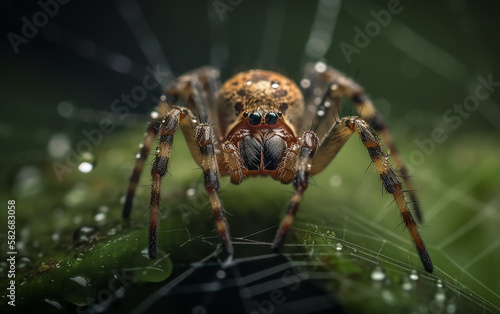 Spider positioned on a wet leaf with a distinct pattern on its back, with dew accentuating the intricate web structure around.