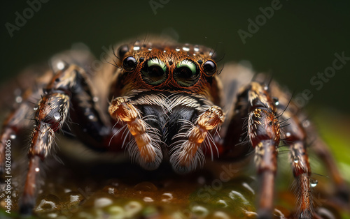 Vivid image of a jumping spider with large eyes, set against a green backdrop, highlighting its detailed features. © Liana