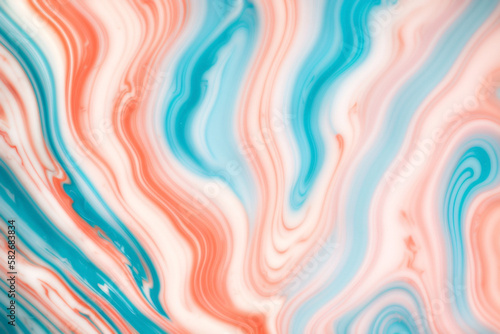 Abstract Light Blue and Orange Background, Mixed Paint Marble Swirls, AI