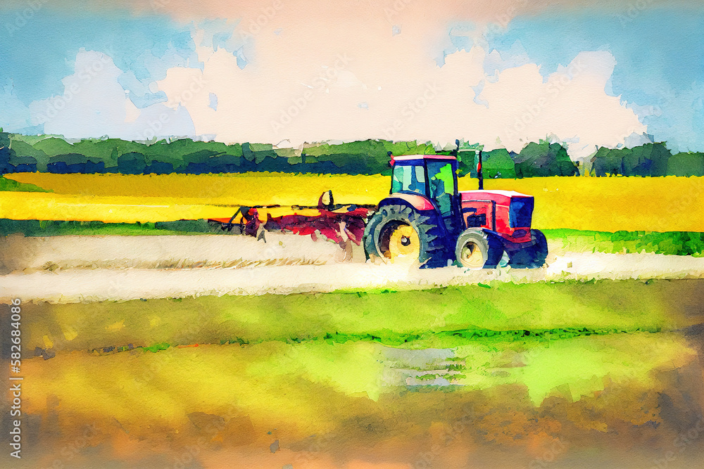 Fototapeta premium Tractor is riding along the field and fertilizing it. Generative Ai