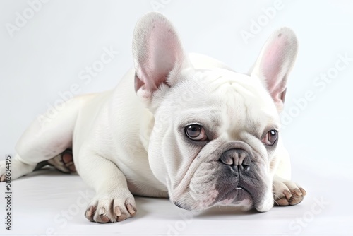 A white background with a picture of a french bulldog laying on the floor. Generative AI © AkuAku