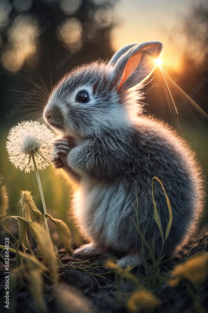 Obraz premium Hasenbaby schnuppert an einer Blume, ki generated