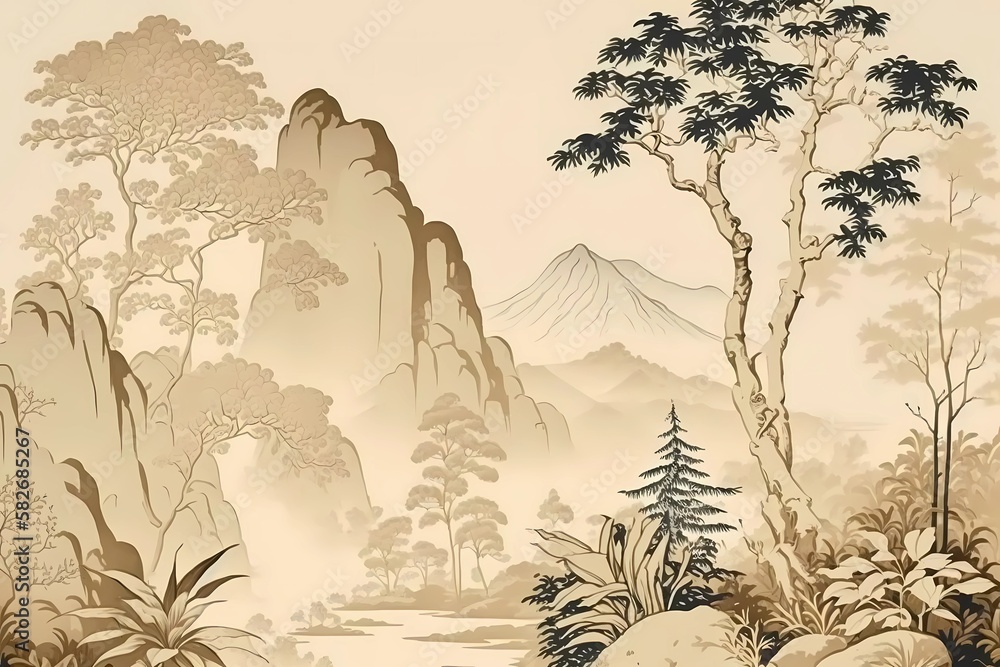 Beautiful landscape of mountains with gardens and flowers by chinese style. Beige, pastel colors. High quality illustration