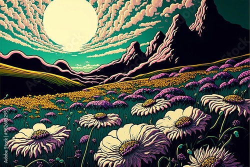 Wallpaper Mural Blacklight poster, UV poster, rainbow psychadelic wildflowers, 90s style autumn landscape Torontodigital.ca