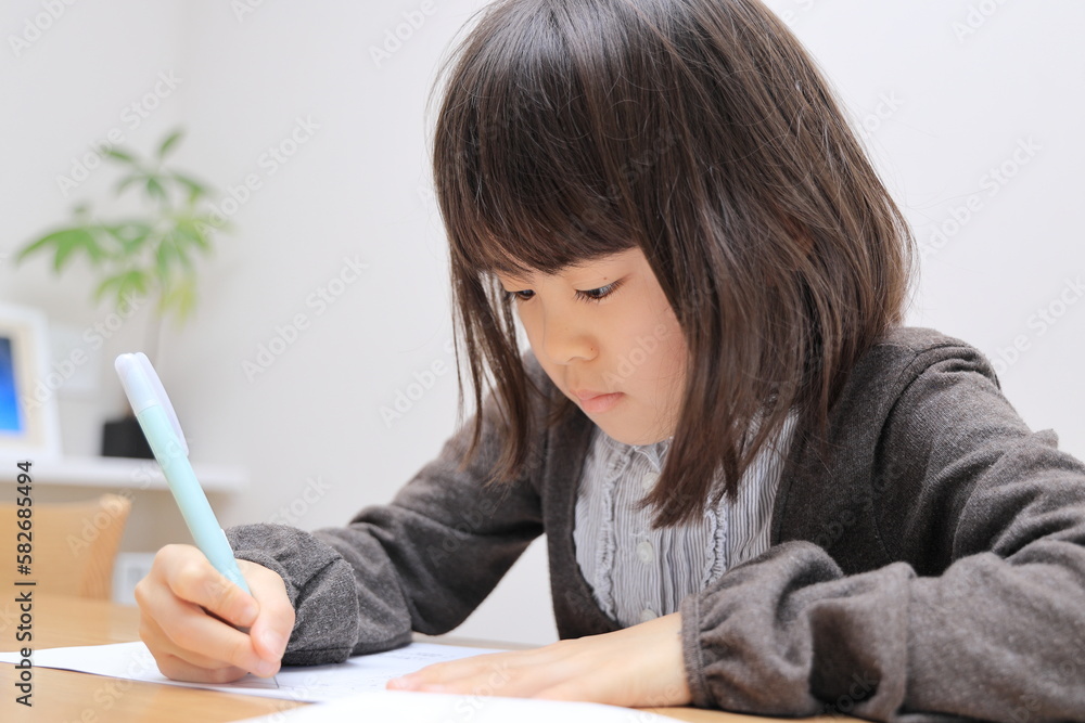 ダイニングで勉強をする女子小学生 (8歳) ダイニングで勉強をする女子小学生 (8歳)