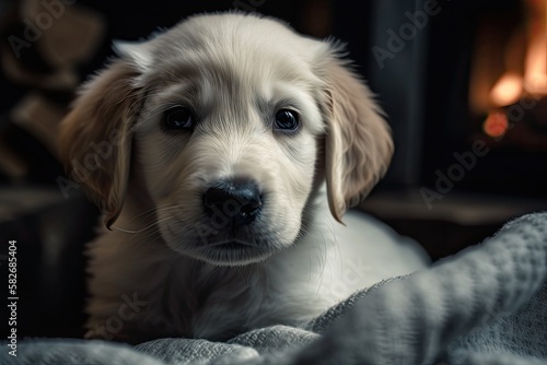On the fireplace background  a close up photograph of a lovely golden retriever puppy. A lovely newborn girl is resting on a blanket. Generative AI
