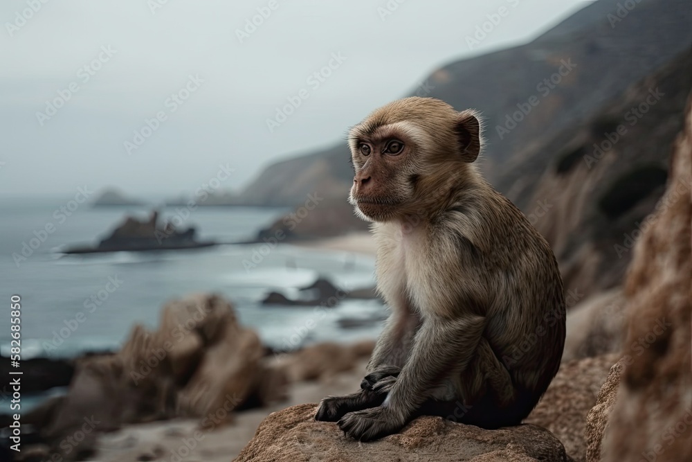Naklejka premium The cliffs have a monkey in the background. Generative AI