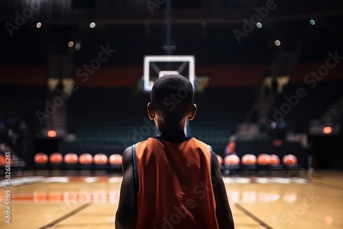 A black child with their back turned, wearing sports clothing, looks at a basketball hoop in a basketball court Concept: Chasing your dreams photo