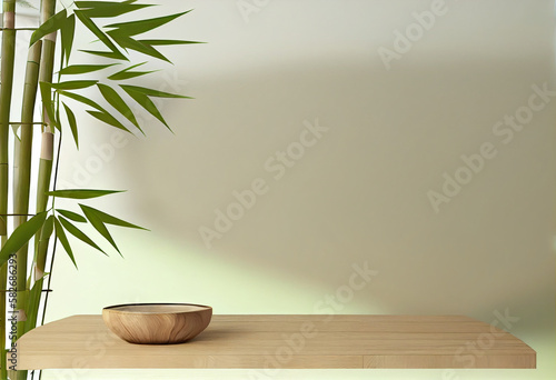 Wooden round side table with green tropical plant leaves with beautiful sun light and shadow on wall. AI Generated