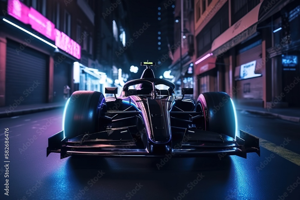 A f1 futuristic car with leds a neons in a city at night with cyberpunk style. Concept: The future of the F1. Generative ai