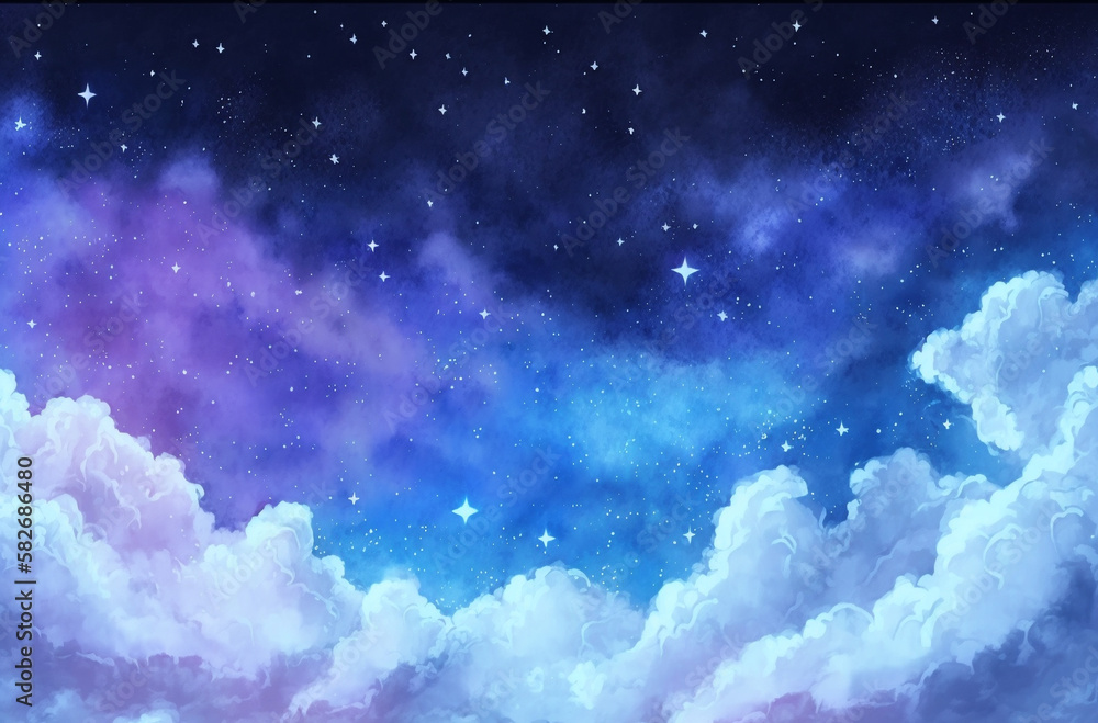 Blue Shining starry sky Universe with Fluffy clouds Watercolor style background generative Ai Blue Shining starry sky Universe with Fluffy clouds Watercolor style background generative Ai